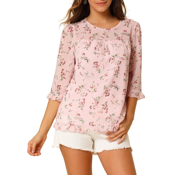 INSPIRE CHIC Camisas de Mujer de Manga 3/4 Blusas de Chifón Floral Rosa-Naranja Floral M