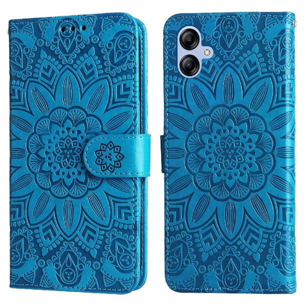 Funda tipo cartera FOXDOCK para Samsung Galaxy A04E , diseño girasol en relieve, cuero PU, cierre magnético, soporte y tarjetero