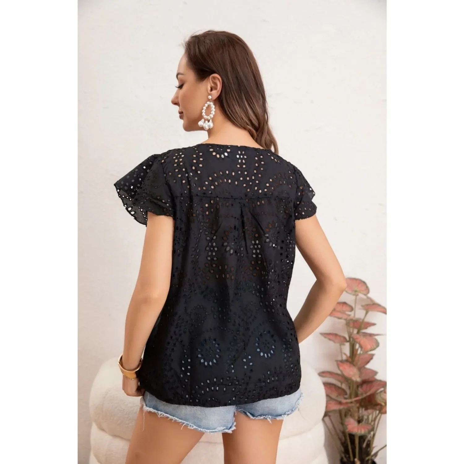 Likeshop - Blusa Polera Mujer Manga Corta Tipo Broderi Tendencia Cuello V 0047