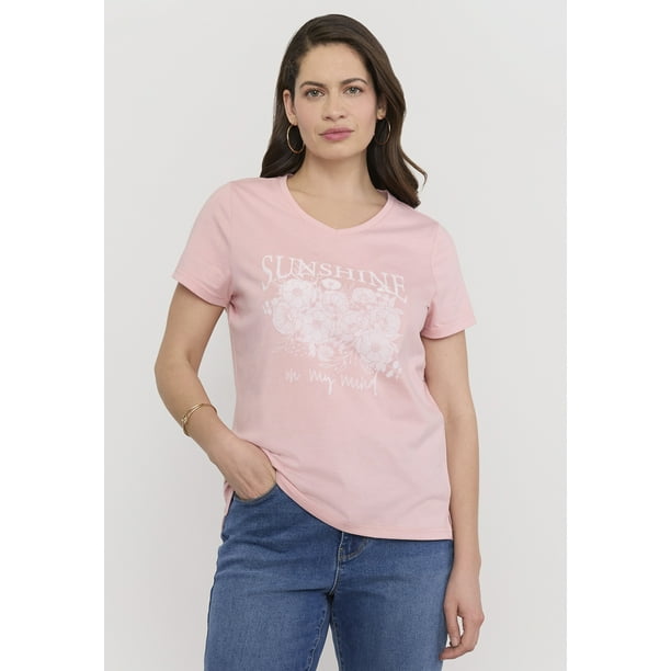 Polera Mujer M/C Focal Print Cuello V Palo Rosa Corona