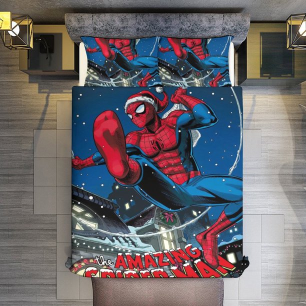 Spider-Man - Swinging into The Holidays 3 Piece Sets Full/Queen Size - Reversible Microfiber Quilts with 2 Shams Soft Lightweight Bedspread Coverlet Comforter for All Season Bed Sheets