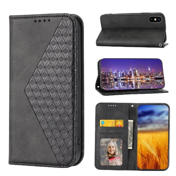 Funda Flip FOXDOCK para iPhone X/XS , Estilo Billetera con Diseño Rombo, Correa de Mano y Soporte, Uso Diario