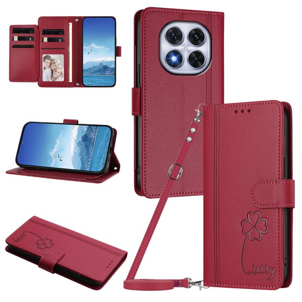 Funda Cartera Trébol para Xiaomi Poco X7 5G con Ranuras Tarjetas y Carga Inalámbrica Rojo