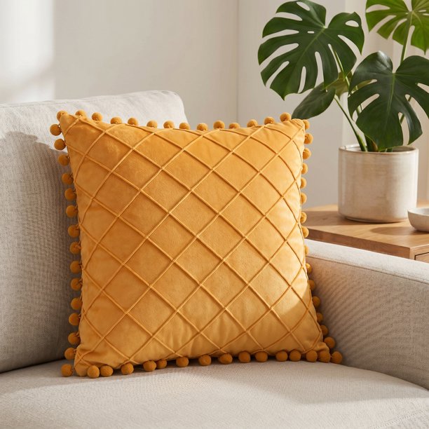 Funda de cojín REGALWOVEN 1 paquete fundas de almohada de terciopelo suave con pompones para decoración del hogar estilo rústico amarillo 18" x 18"
