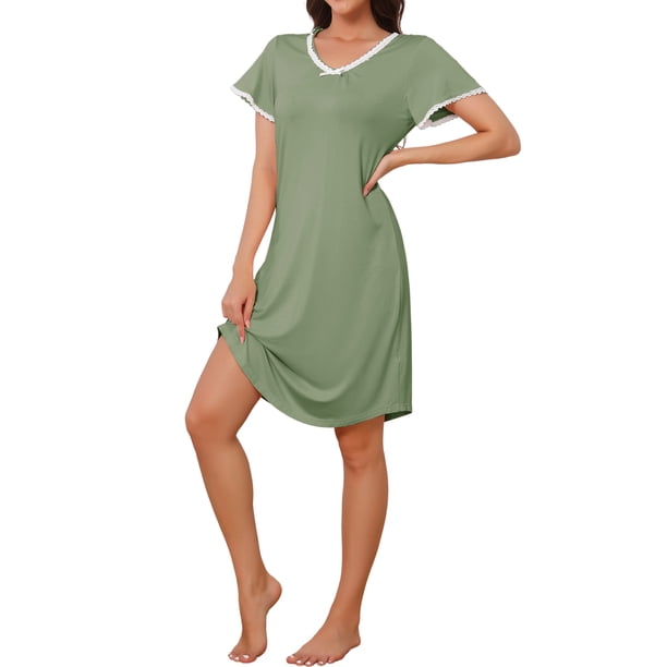 INSPIRE CHIC Vestido de dormir de modal para mujer con cuello en V, manga corta, volante, camisón hasta la rodilla, ropa de estar en casa, L verde