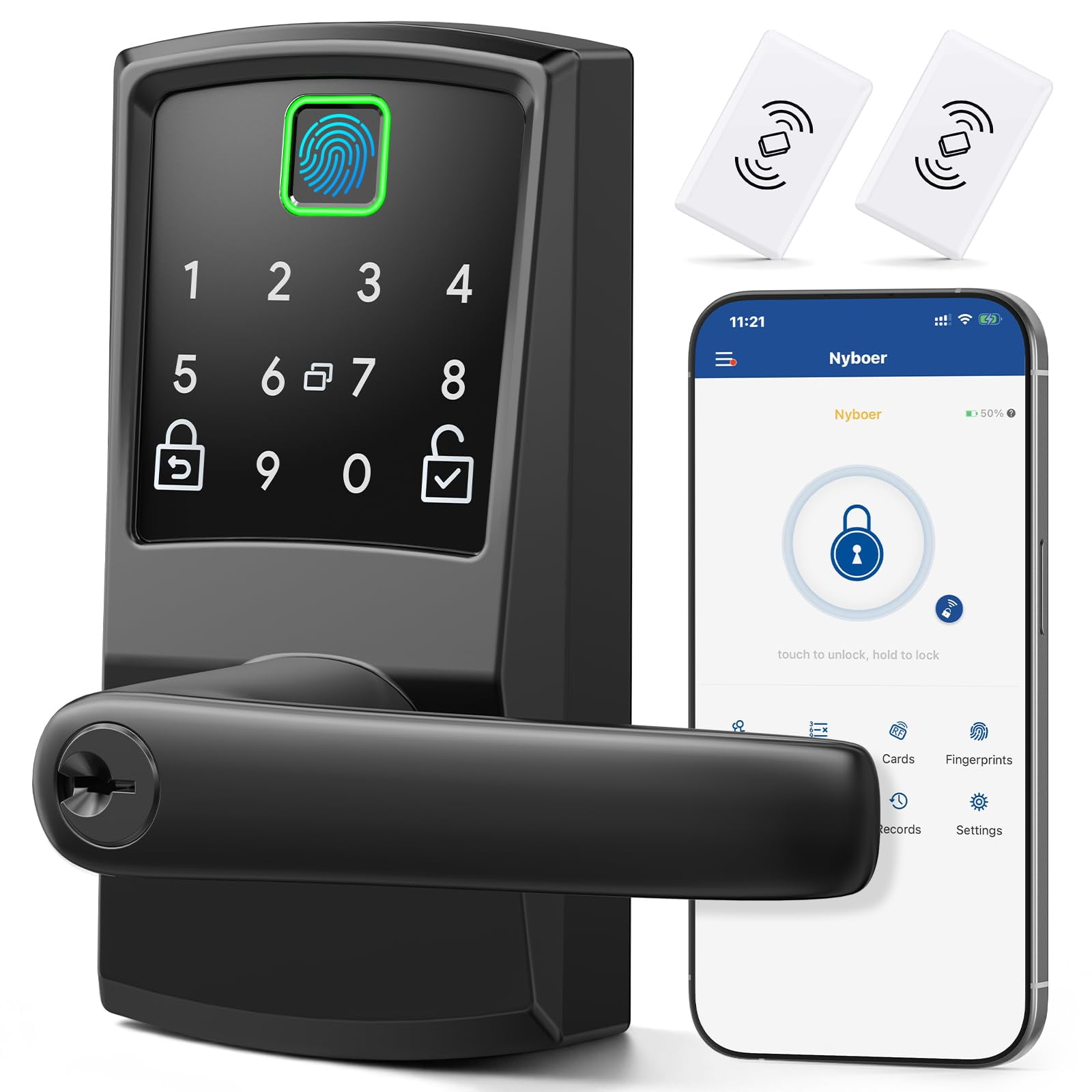 Cerradura Inteligente Para Puerta Nyboer Con Huella Digital, Sin Llave, Negro Mate