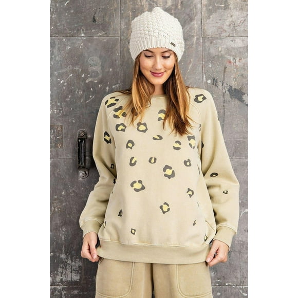 Sudadera de Rizo Lavado con Estampado de Leopardo y Manga Larga