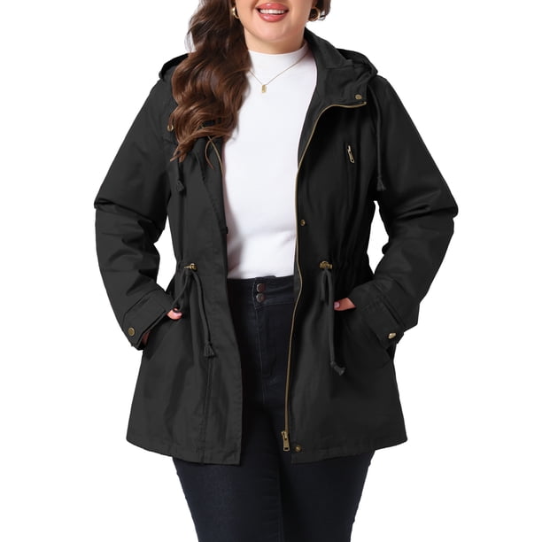 Chaqueta Anorak con Capucha para Mujer de Talla Grande Agnes Orinda, Abrigo Cortavientos con Cintura de Cordón, Cremallera y Botones a Presión, con Bolsillos, L Negro