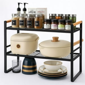 Chic Haus - Repisa Organizador Cocina Acero Madera 2 Niveles 54Cm Ancho Color Negro