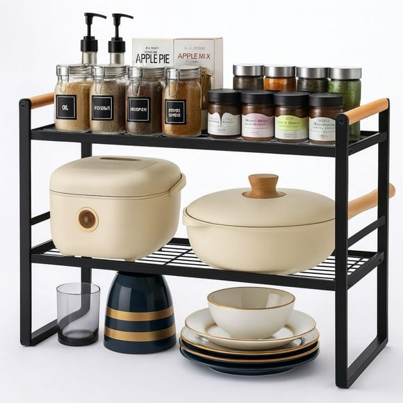 Repisa Organizador Cocina Acero Madera 2 Niveles 54cm Ancho Color Negro