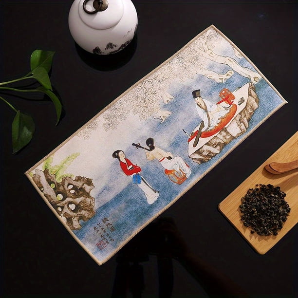 1pc Chinese Style Zen-Inspired Velvet Tea Towel - Multi-Functional High-Grade Painted Tablecloth for a Stylish Tea Experience
