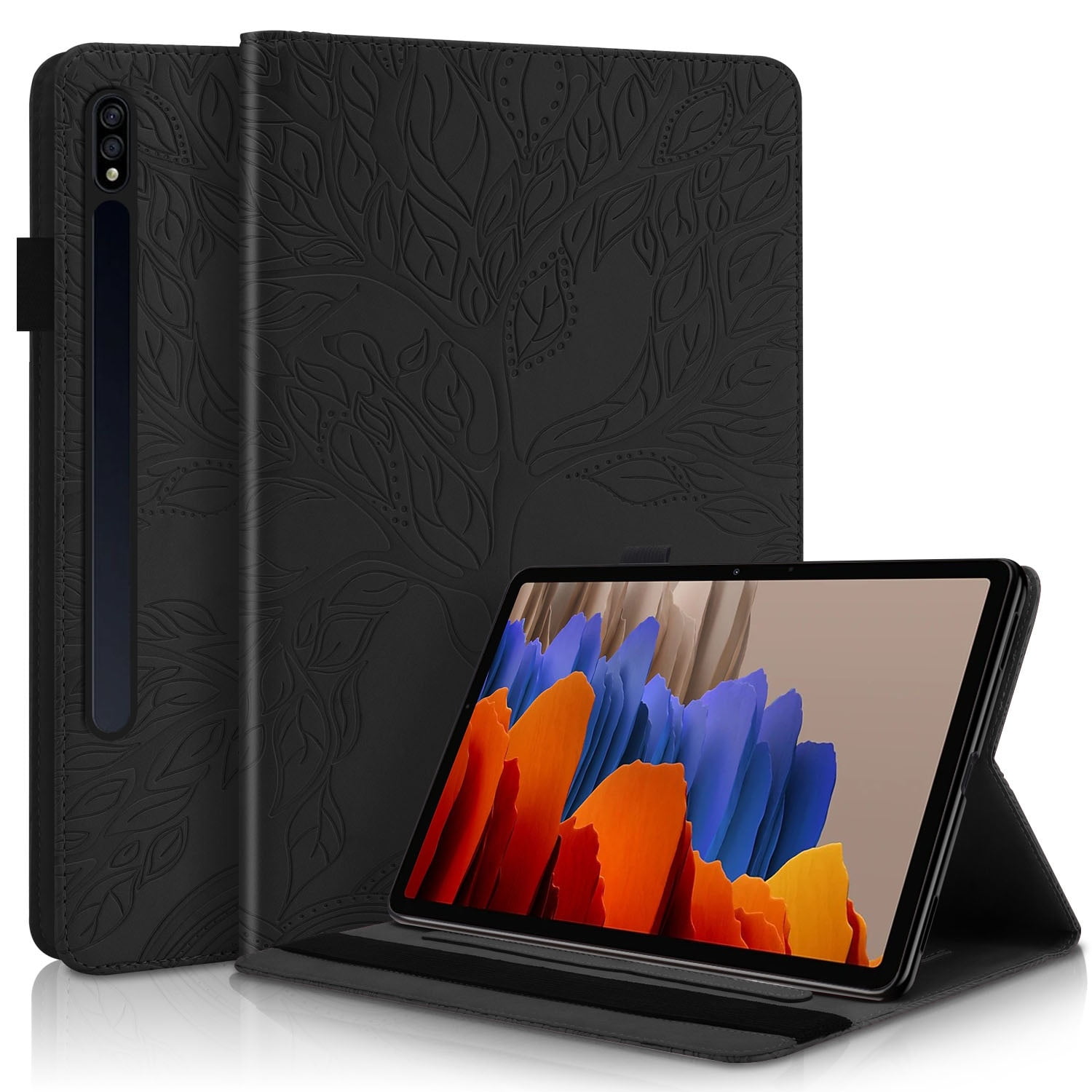 Foxdock - Funda Con Relieve Del Árbol De La Vida Para Tablet Samsung Galaxy Tab S7/8/9 Plus Con Soporte, Ranuras Para Tarjetas Y Soporte Para Lápiz Óptico. Negro