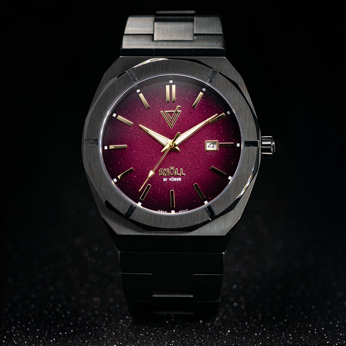 Vörðr - Reloj Hombre Sköll Negro Acero Inoxidable Zafiro Esfera Purpura Cuarzo Japonés 5atm Fecha Moda