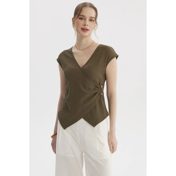 Polera Mujer Cruzado Textura Verde Olivo