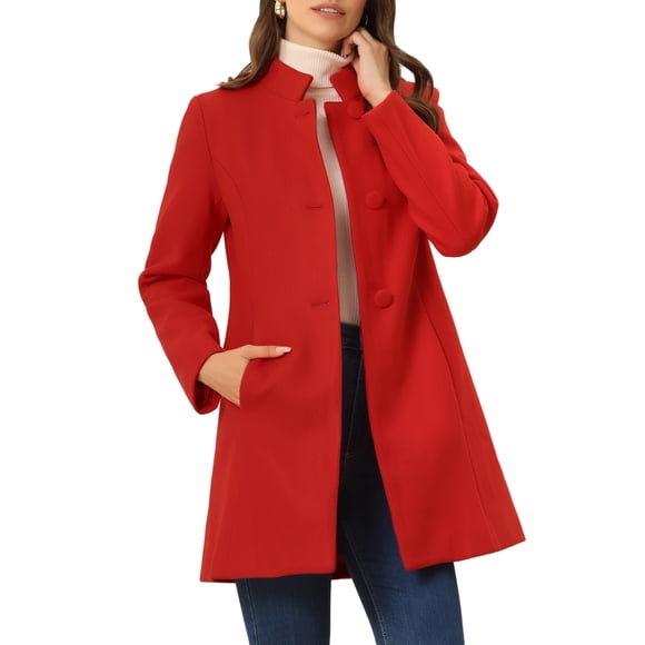INSPIRE CHIC Abrigo de Mujer de Largo Medio con Cuello Alto, Botonadura Simple, Bolsillos Inclinados y Forro Completo, Rojo Brillante Talla L
