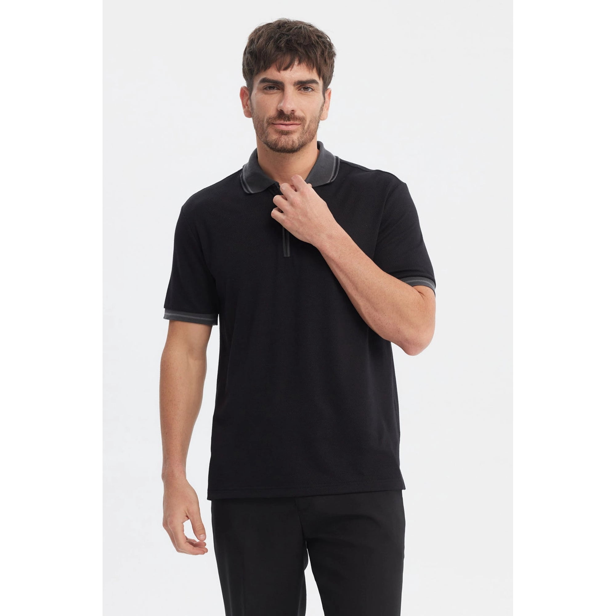 Fashionspark - Polera Hombre Textura Cierre Polo Negro