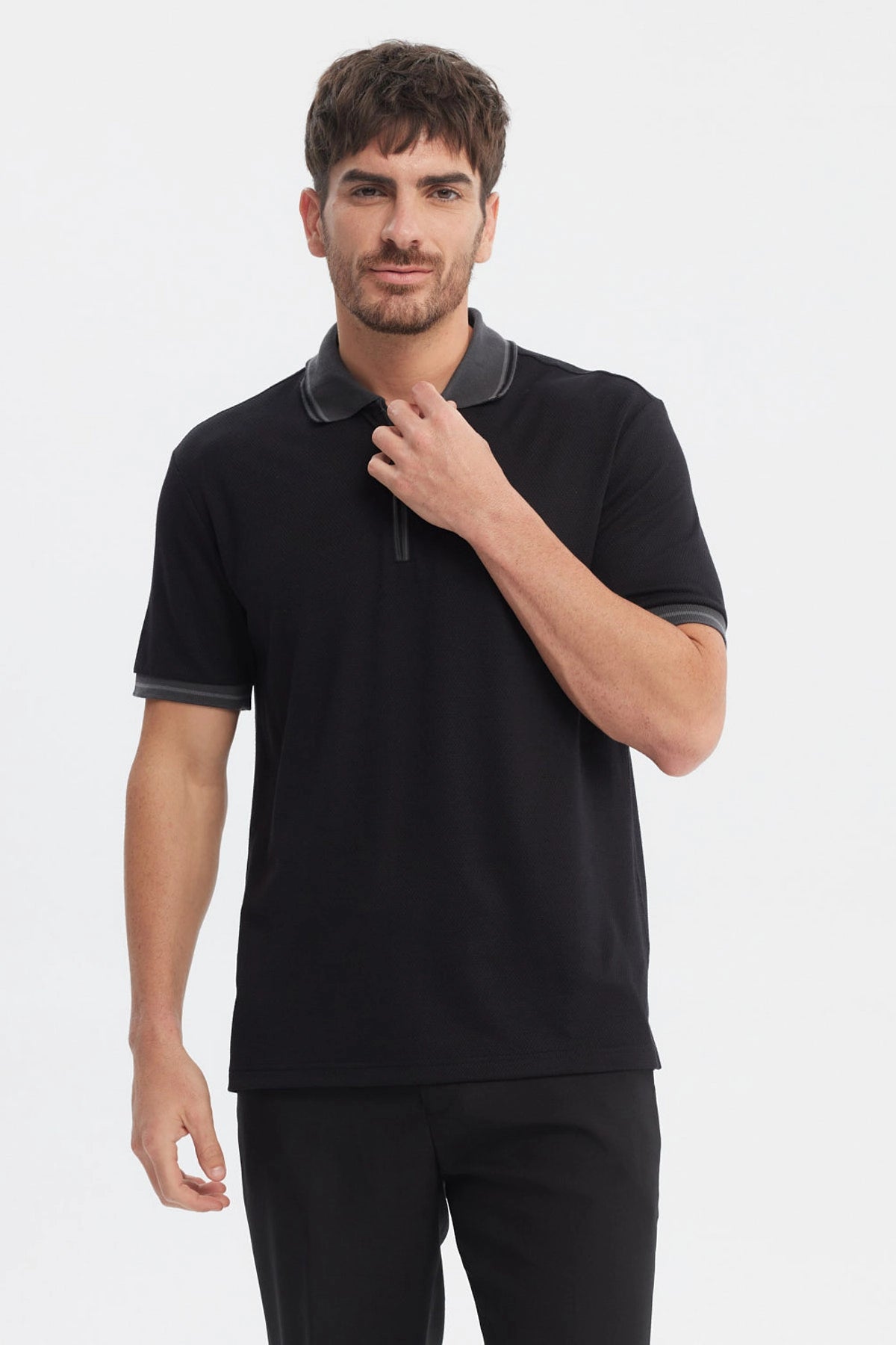 Fashionspark - Polera Hombre Textura Cierre Polo Negro