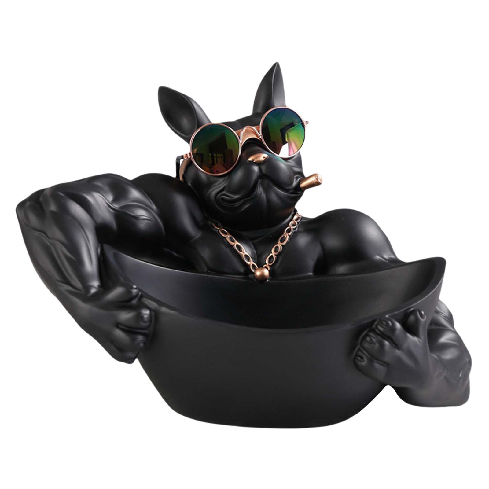 Bothyi - Resina Bulldog Fuerte Brazo Estatuilla Caja De Almacenamiento Snack Candy Dish Negro