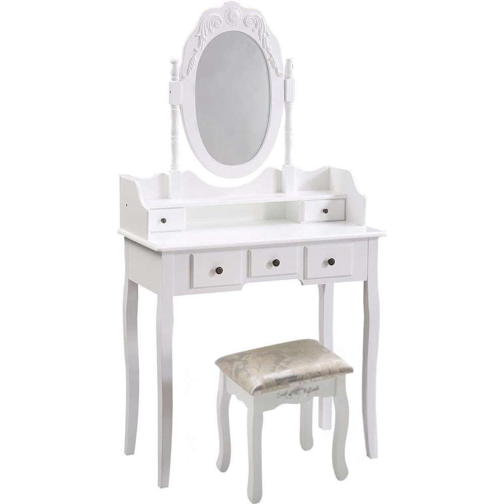 Castellaro - Tocador Maquillaje Madera Blanco 5c Banca + Espejo Victoria