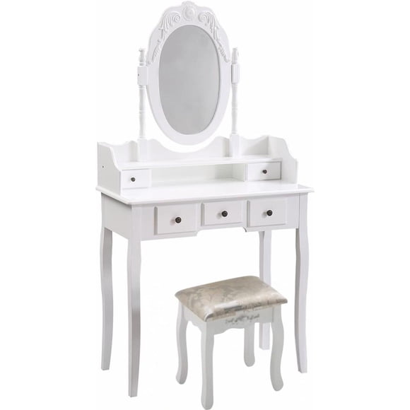 Tocador Maquillaje Madera Blanco 5c Banca + Espejo Victoria