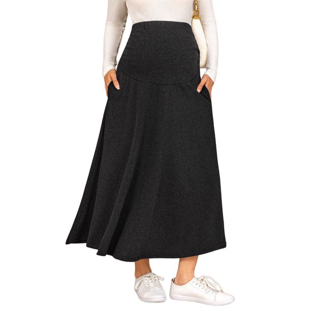Falda de maternidad INSPIRE CHIC con bolsillos sobre el vientre, maxi de cintura alta, línea A sólida, elástica, falda de trabajo elástica, ropa de oficina, XX-Large, gris oscuro