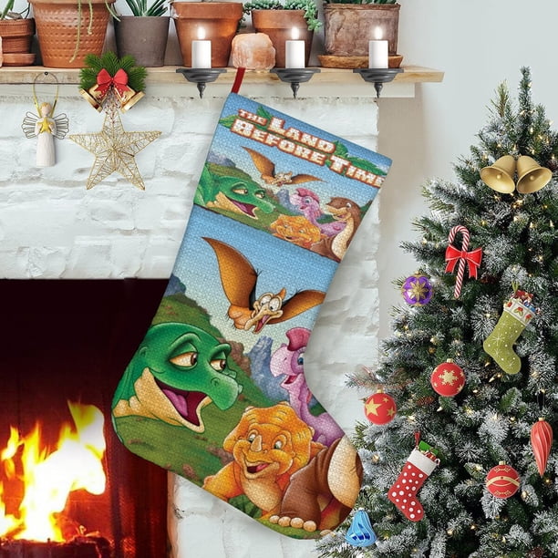 La Tierra Antes del Tiempo Tema: Calcetines de Navidad, fino lino blanco para colgar en escaleras y chimenea, decoración navideña para el hogar, regalo de Navidad.54cm×38cm