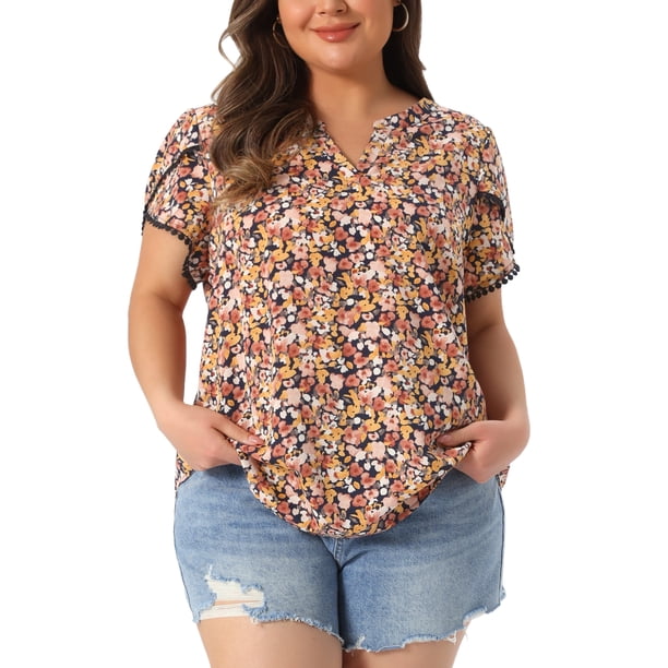 Agnes Orinda Blusas de Verano para Mujer de Talla Grande con Estampado Floral, Cuello en V, Manga Corta de Tulipán, Túnica de Colegio o Escuela, Talla 3X, Amarillo y Rosa