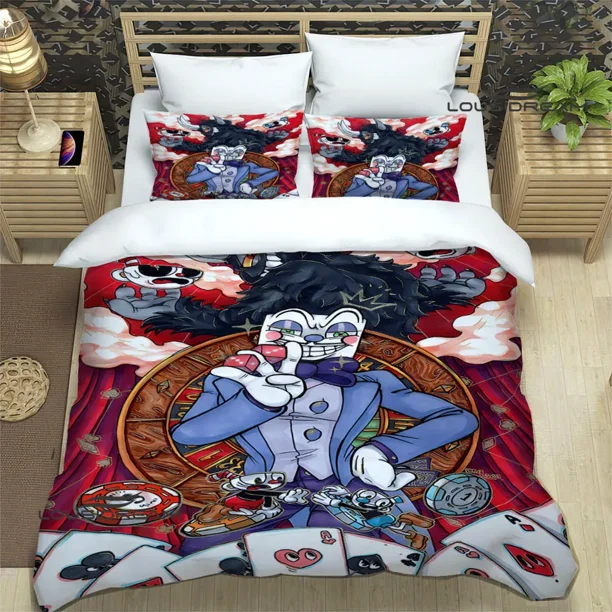 v1989 Bed Sheets Cuphead cartoon Printed Bedding Sets exquisite bed supplies set duvet cover bed comforter set bedding luxury birthday gift 3-Piece Bedding Set (1 Duvet Cover + 2 Pillow Shams) Bed She