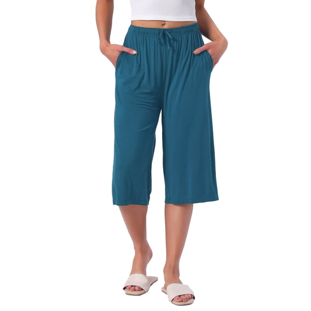 INSPIRE CHIC Pantalones Cortos de Pijama de Mujer de Cintura Alta Viscosa Cómodos Suaves a la Rodilla con Bolsillos X-grande Azul Lago