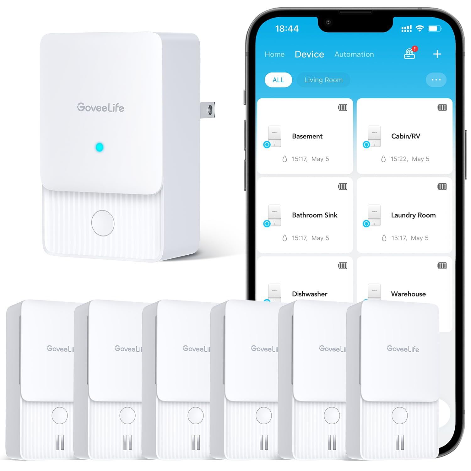 Detector De Fugas De Agua Goveelife Wifi, Paquete De 6 Con Alarma Y Aplicación
