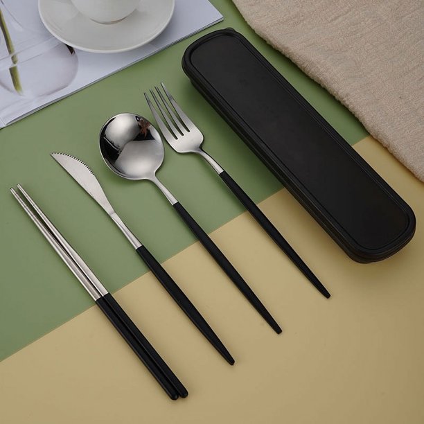5pcs/set, Cutlery, Coffee Spoon, Salad Fork, Steak Knife, Milk Spoon, Salad Fork, Meal Knife, Portable Chopsticks, Washable Dessert Spoon, Stainless Steel Flatware With Storage Box, Tableware For Rest