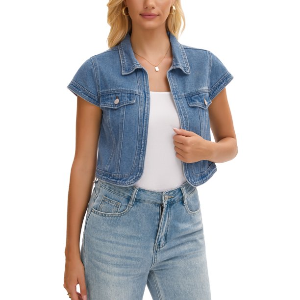INSPIRE CHIC Chaqueta de Mezclilla para Mujer de Regreso a Clases con Mangas Cortas, Cuello y Frente Abierto, Talla M, Azul