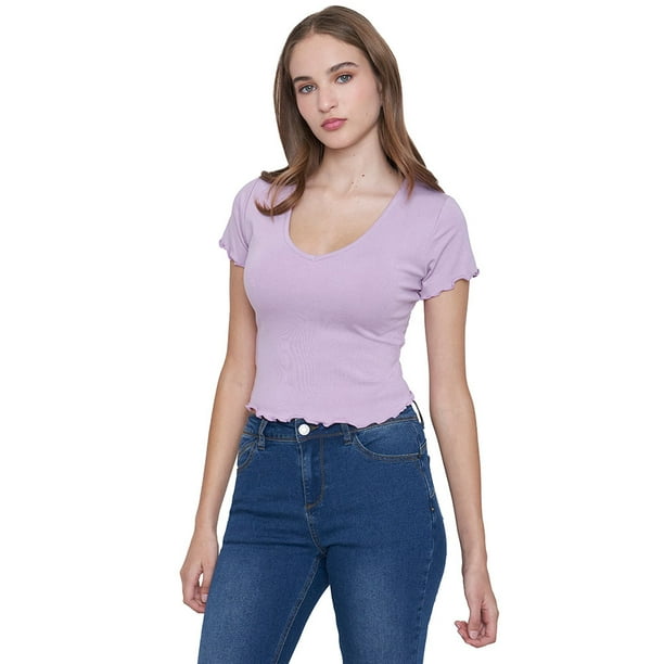 Polera Mujer M/C Rib Cuello V Roulette Malva Corona