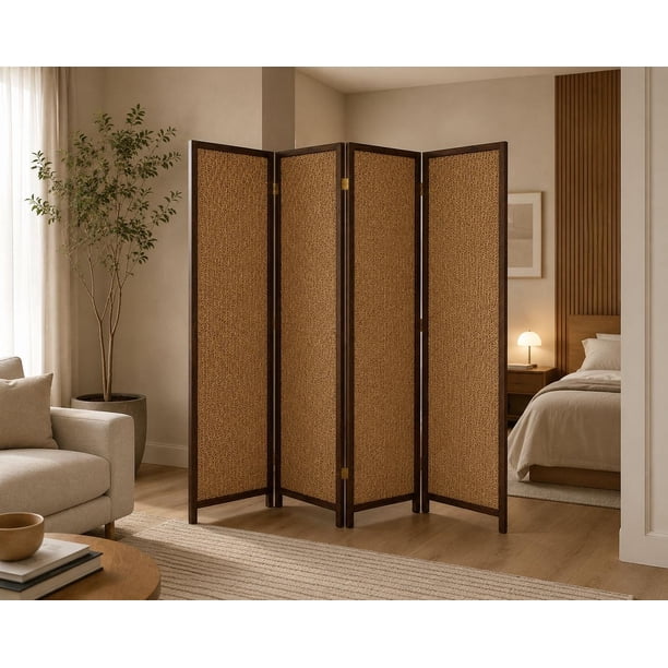 Biombo De Madera Resistente 4 Paneles Tejido H 200x180cm vino