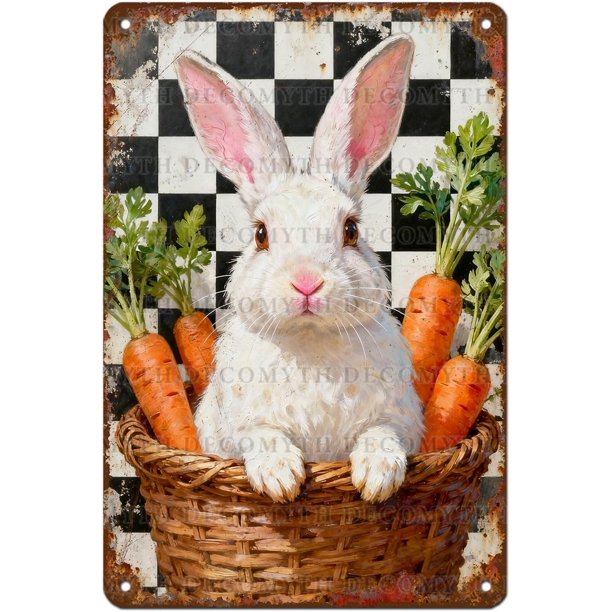 Letrero estaño metal conejo Pascua vintage conejo flor huevo primavera arte pared hogar granja cocina dormitorio 20x30cm
