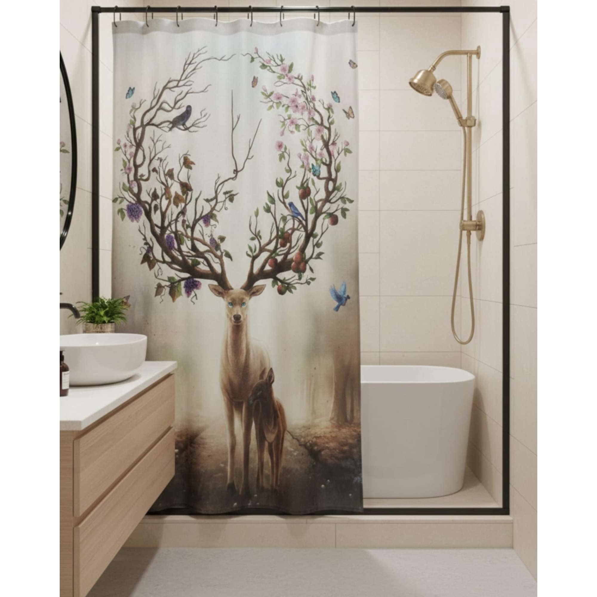 Mylhogar - Cortina De Baño Tela Género + Forro Impermeable