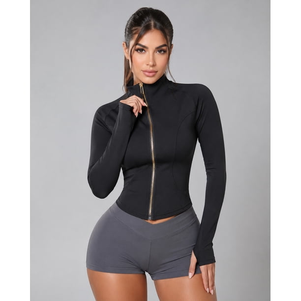 Chaqueta Deportiva Slim Fit Mujer Corte Crop Cierre Dorado