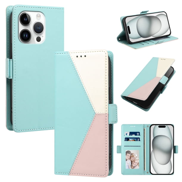Cartera Plegable para iPhone 15 Pro Max, PU Tricolor con Ranuras, Verde