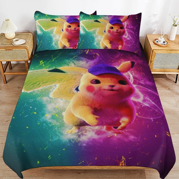 Pi-ka-chu Bed Duvet Cover Microfiber Bedding Sets 3D Printed Lightweight 3 Piece Comforter Sets for Kids Boys Girls