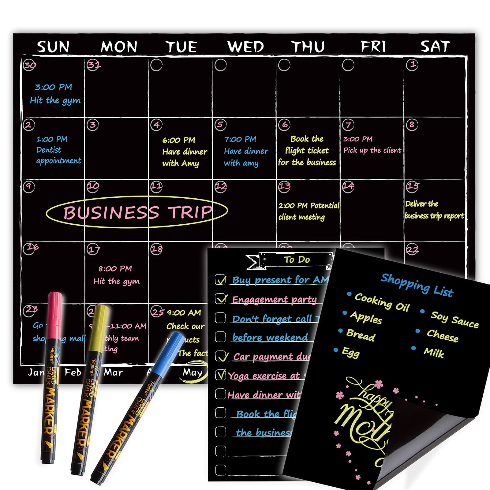 Jjpro - Calendario Mensual De Pizarra Magnética Con Tiza De Neón