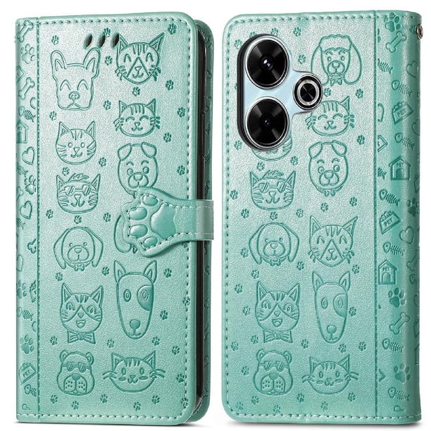 Funda Cartera FOXDOCK para Xiaomi Redmi 13 4G , Flip PU con Relieve de Gatos y Perros, Tarjetero y Soporte