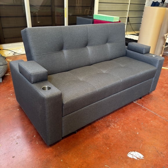Sofá Cama Royal 2 Plazas Gris Oscuro Lino con puf y cojines