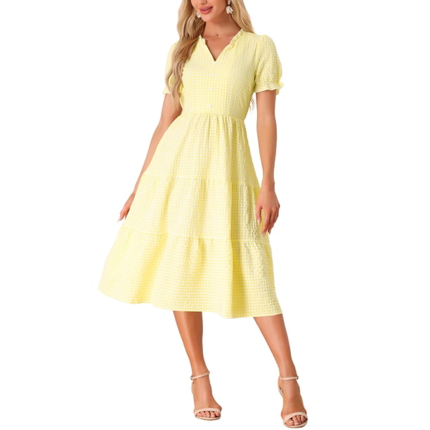 INSPIRE CHIC Vestido Midi de Cuadros para Mujer con Cuello en V, Manga Corta, Vestido de Verano con Volantes y Detalle de Botones Amarillo Talla L