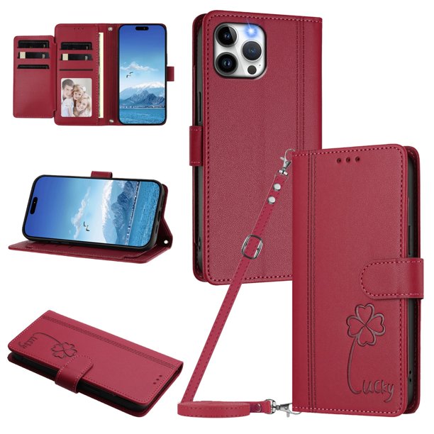 Funda Cartera Trébol para iPhone 12 Pro Max con Ranuras Tarjetas y Carga Inalámbrica Rojo