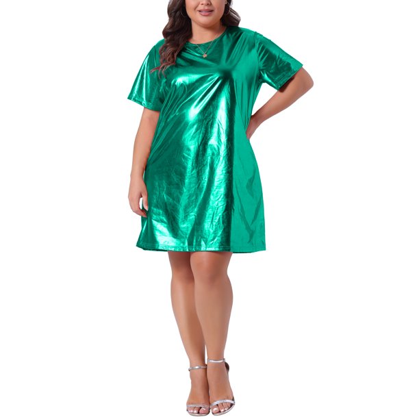 Vestido Formal de Talla Grande para Mujer Agnes Orinda Cuello Redondo Metálico Manga Corta Fiesta Clubwear Vestidos Sueltos Mini Camiseta 4X Verde