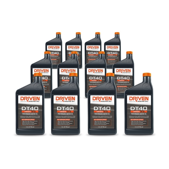 Aceite sintético Driven Racing Oil DT40 High Zinc 5W-40 (12 botellas de 1 cuarto) para rendimiento en calle - motores europeos deportivos - E85 - inyección de metanol