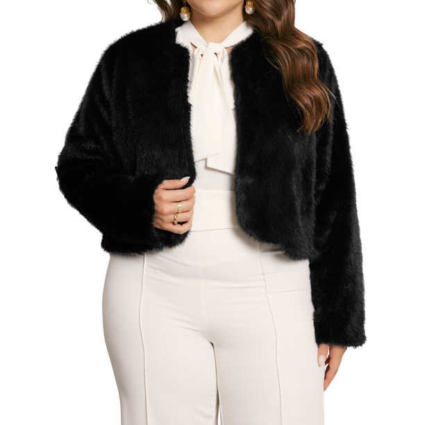 CURVY GLAM Ropa de Halloween para Mujeres de Talla Grande Abrigos de Piel Sintética Chaqueta Abierta de Manga Larga Invierno Abrigo Parka Peludo 1X Negro
