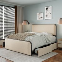 M&Ms - Modern Metal Bed Frame With Curved Upholstered Headboard And Footboard Bed With 4 Storage Drawers, Heavy Duty Metal Slats, Queen Size, Beige