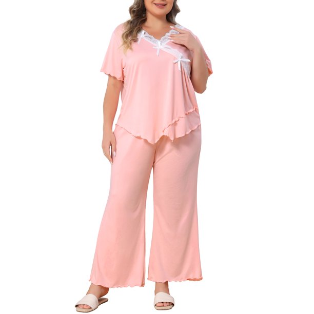 Agnes Orinda Conjunto de Pijama de 2 Piezas para Mujer Talla Grande, Encaje con Lazo, Cuello en V, Manga Corta, Top y Pantalones Anchos con Volantes, Talla 5X, Rosa