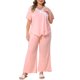 thumbnail image 1 of Agnes Orinda Conjunto de Pijama de 2 Piezas para Mujer Talla Grande, Encaje con Lazo, Cuello en V, Manga Corta, Top y Pantalones Anchos con Volantes, Talla 5X, Rosa, 1 of 6